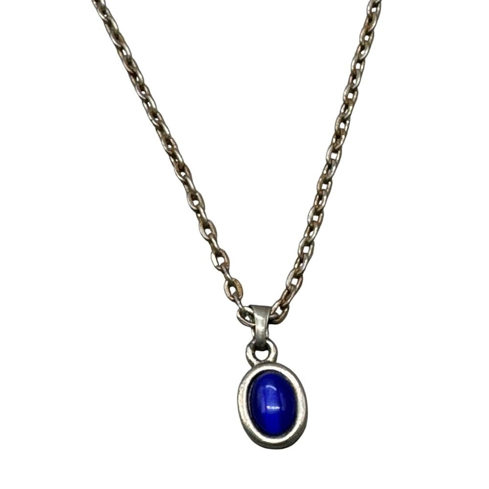 Silver tone Chain Necklace With Oval Blue Stone Pendant 18" READ